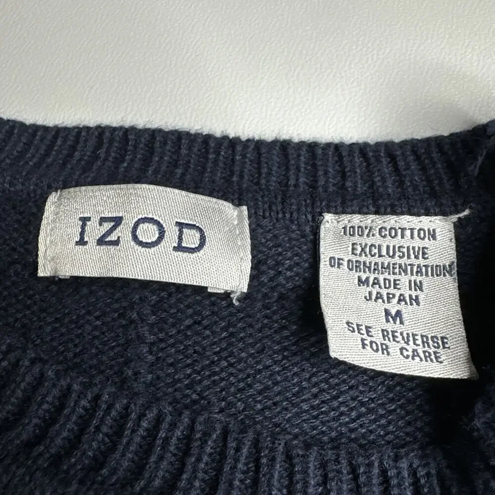Vintage IZOD Sweater Mens Medium Navy Blue Textured Knit Crewneck Fisherman 90s